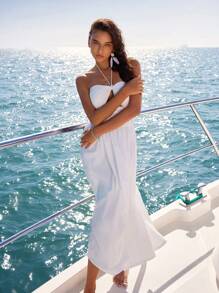 Anewsta Hollow Out Halter Neck Long Dress With Elastic Waist For Sexy Vacation Look, Women Cruise Outfit - White - View 6