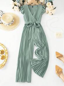 SHEIN Clasi Women'S Solid Color Short Flutter Sleeve Jumpsuit With Pleated Hem - Green - View 1