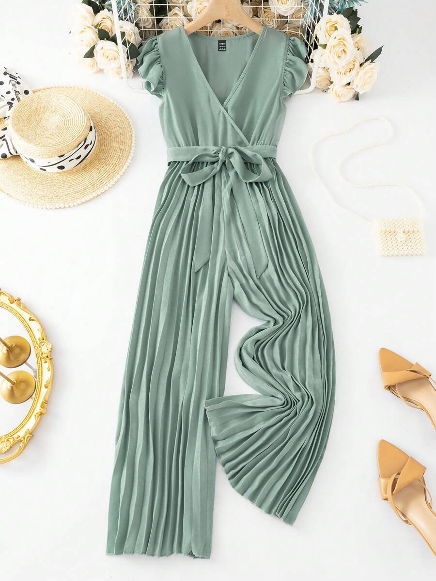 SHEIN Clasi Women'S Solid Color Short Flutter Sleeve Jumpsuit With Pleated Hem - Green - View 1