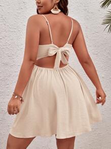 SHEIN VCAY Abito-camicia Taglie Forti Con Nodo A Spirale Su Colore Unito & Dettaglio In Pizzo A Incrocio & Schiena Scoperta & Ampio Spacco - Albicocca - Visualizzare 2