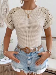 SHEIN LUNE Camiseta De Manga Corta Raglán Con Bordado Para Mujer - Albaricoque - Ver 3