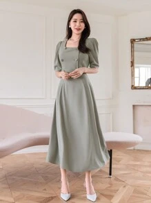 DAZY Square Neckline Puff Sleeves Cinching Waist Dress Sundress