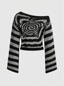 ROMWE Grunge Punk Women's Striped Off Shoulder Sweater, School - Multicolor - View 3