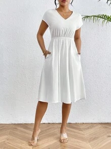 SHEIN Essnce 女士純色簡約v領連身裙 - 白色 - 查看 1