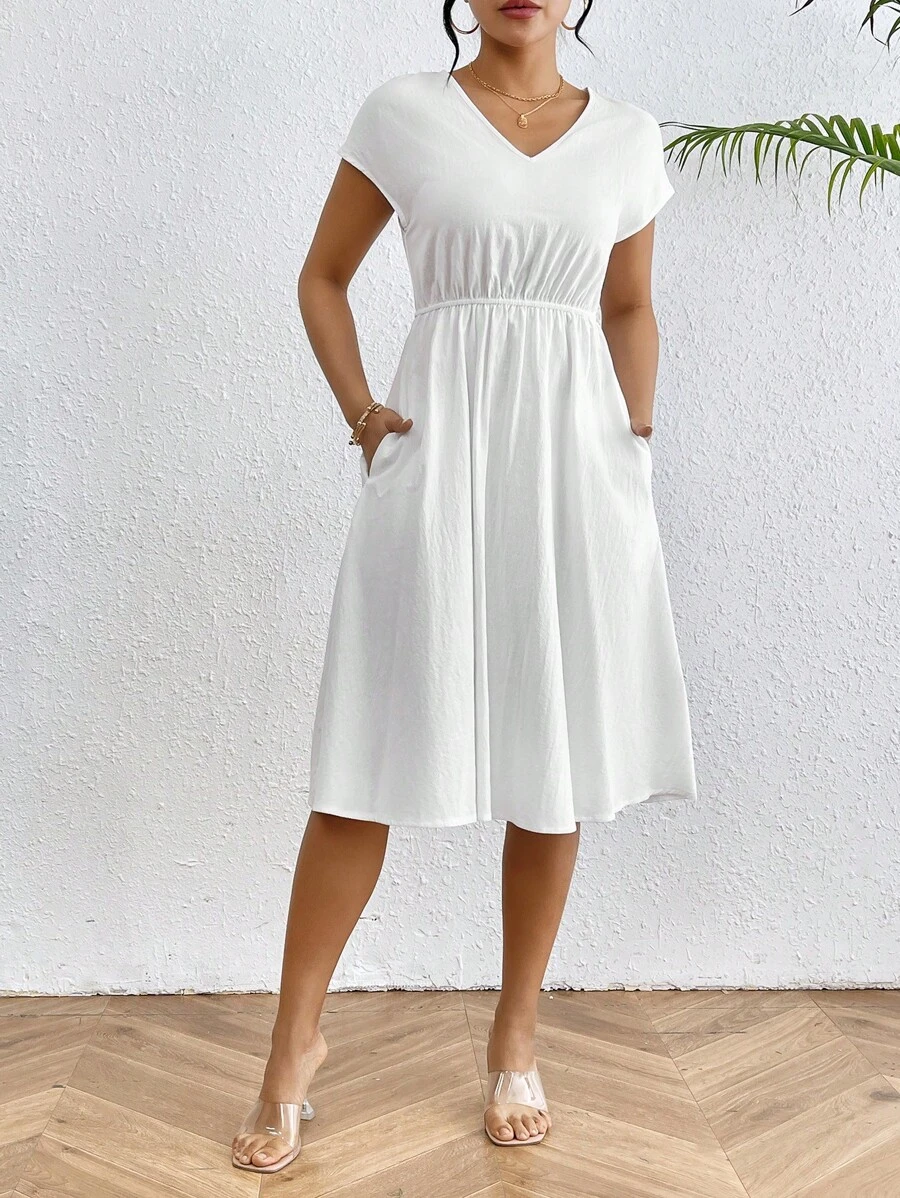 SHEIN Essnce 女士純色簡約v領連身裙 - 白色 - 查看 1