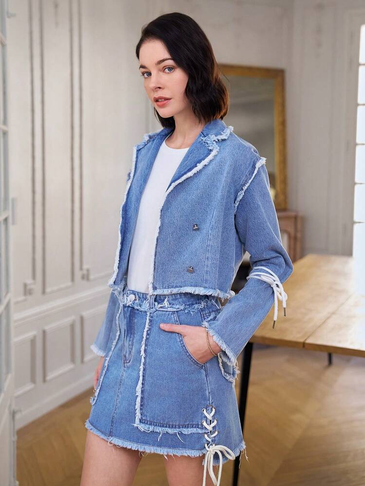 Veste En Jean Pour Femmes À Col Rabattu Et Manches Longues Avec Ourlet Effiloché