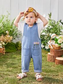 Đứa bé gái Hằng ngày Đúng mốt vui tươi Hoa Denim Áo liền quần - Rửa nhẹ - Xem 3