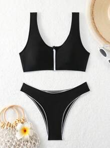 SHEIN Swim Ladies' Color Block Frilled Bikini Set Summer Beach - Black - View 2