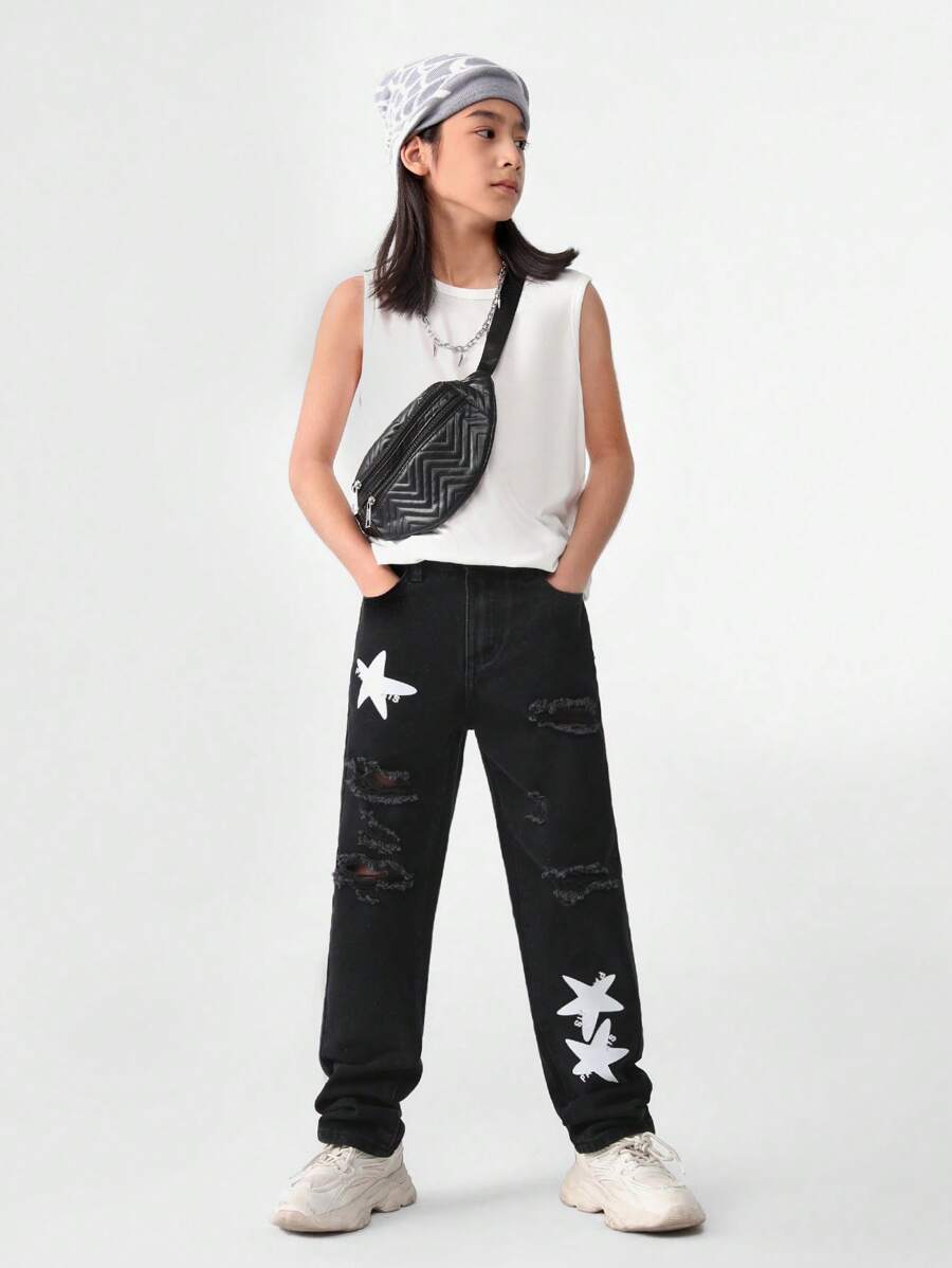 Tween Boys' Street Style Cool Ripped & Distressed Jeans With Elastic Waistband And Star Printed Design - Black - View 1