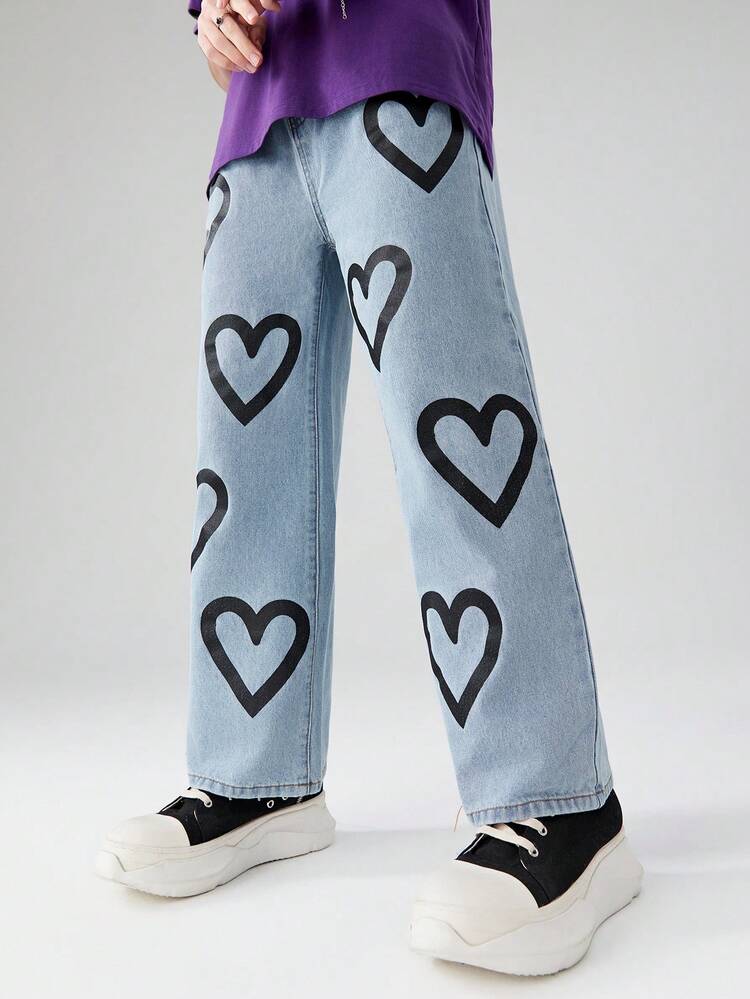 Teen Boys' Y2k Cool Kids Heart Print Low Waisted Oversized Half Elastic Baggy Jeans