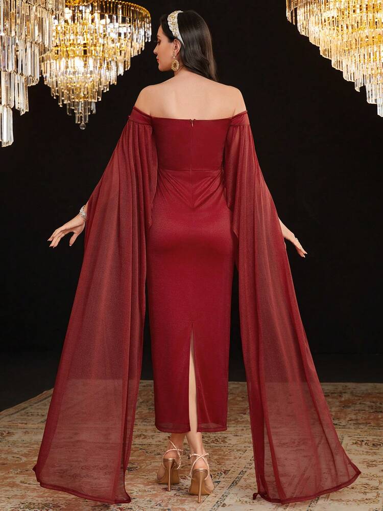Burgundy Red Women's Off Shoulder Cape Sleeve Bodycon Dress Long Evening Dresses