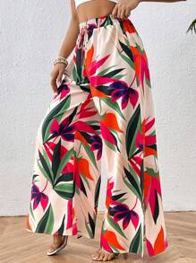 Breezaya Pantalon Large À Imprimé De Plantes À Taille Élastique Avec Fente Latérale - Vert - Voir 3