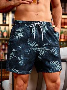 Manfinity Swimmode 2PCS Men's Tropical Plant Print Drawstring Waist Casual Beach Shorts Men Swim Trunks Men Swim Trunks - Multicolor - View 3