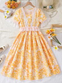 青少女花卉印花蕾絲拼接裙,適合夏日休閒度假穿著 - 黃色 - 查看 1