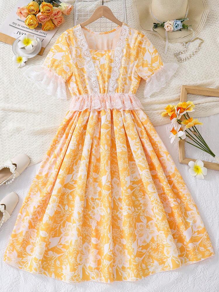 Teen Girls' Floral Printed Lace Patchwork Dress Suitable For Casual Vacation In Summer