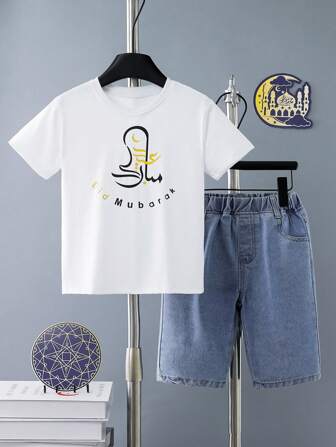 少年信仰字母印花短袖T恤和短褲套裝