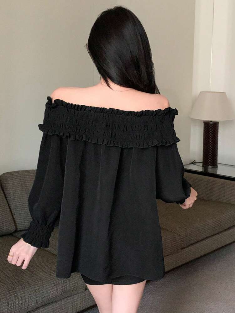 Off-The-Shoulder Ruffle Trim Chiffon Long Sleeve Blouse,Off Shoulder Top,Fall Women Clothes