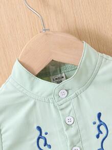 2pcs/Set Baby Boy's Spring Summer Fashionable Embroidered Short Sleeve Top And Denim Shorts Outfit - Army Green - View 5