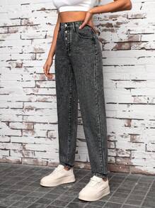 SHEIN Tall Button Fly Tapered Mom Fit Jeans - Dark Grey - View 5