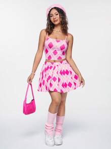 SHEIN Qutie Women Two-piece Outfits Berlipat Geometris Casual - Hot Pink - View 6