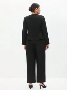 BizChic Conjunto De Top De Manga Larga Con Cremallera Frontal Y Pantalones De Talla Grande - Negro - Ver 2