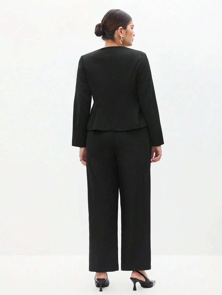 Plus Size Zipper Front Long Sleeve Top And Pants Set