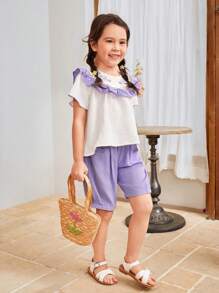 SHEIN Conjunto de Top de Gola Peter Pan e Shorts Casuais de Ajuste Folgado com Blocos de Cor para Meninas Jovens - Multicolorido - Visão 5