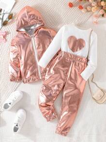 SHEIN Young Girl Zip Up Hooded Jacket & Pants & Heart Patched Tee - Pink - View 7