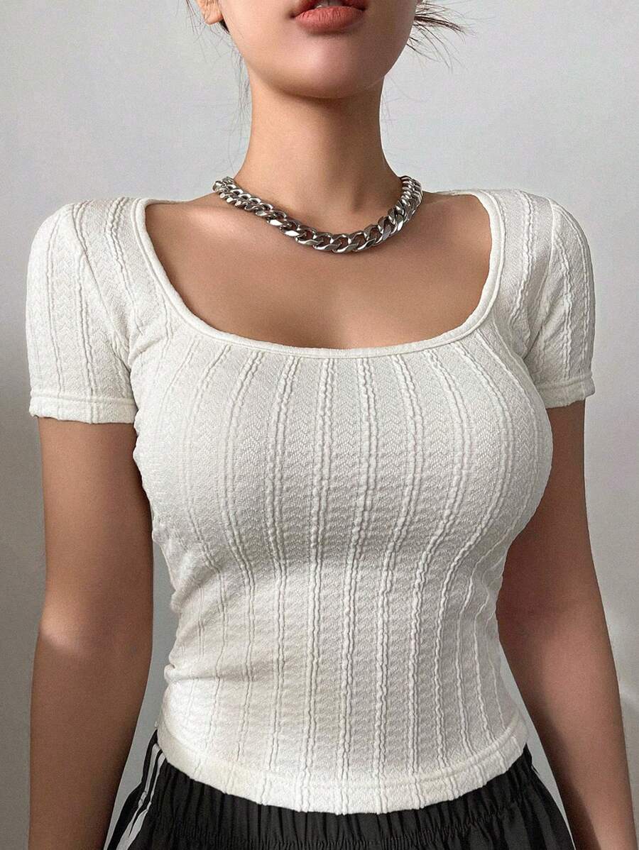 DAZY 高領紋理修身短袖t卹 - 白色 - 查看 1