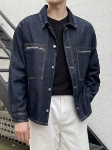 DAZY Men Zip Up Pocket Patched Denim Jacket - Blue - View 1