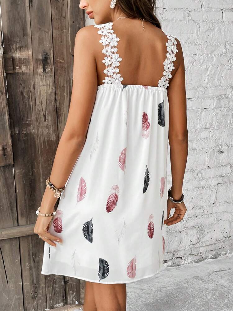 Women's Basic Feather Printed Cami White Flowy Dress Summer Casual