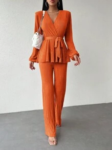SHEIN Cottnline Surplice Neck Belted Top & Pants - Orange - View 3