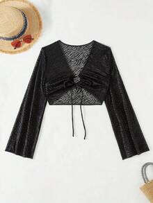 SHEIN Swim Của phụ nữ Mặt trước Buộc Tay áo dài Quần skinny Áo Cover Up - màu đen - Xem 7