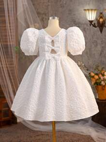 SHEIN 青少女泡泡袖圓領提花連衣裙,背部v領和3d蝴蝶結裝飾 - 白色 - 查看 2