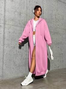 SHEIN EZwear 女式長款拉鍊前開帽衫外套 - 粉色 - 查看 3