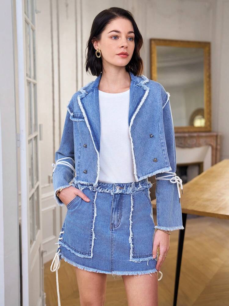 Veste En Jean Pour Femmes À Col Rabattu Et Manches Longues Avec Ourlet Effiloché
