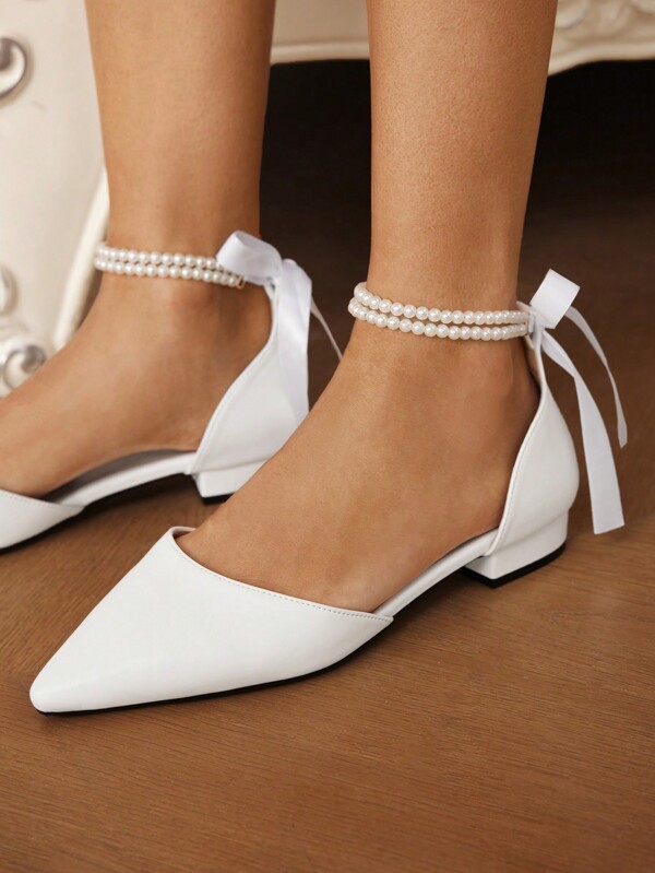 CUCCOO HITCHD Pantofi plati de damă cu perle artificiale albe cu bowknot pentru pantofi de vacanță de vară Reducere de vară Pantofi plati eleganti Crăciun, toamnă, vacanță de Anul Nou
