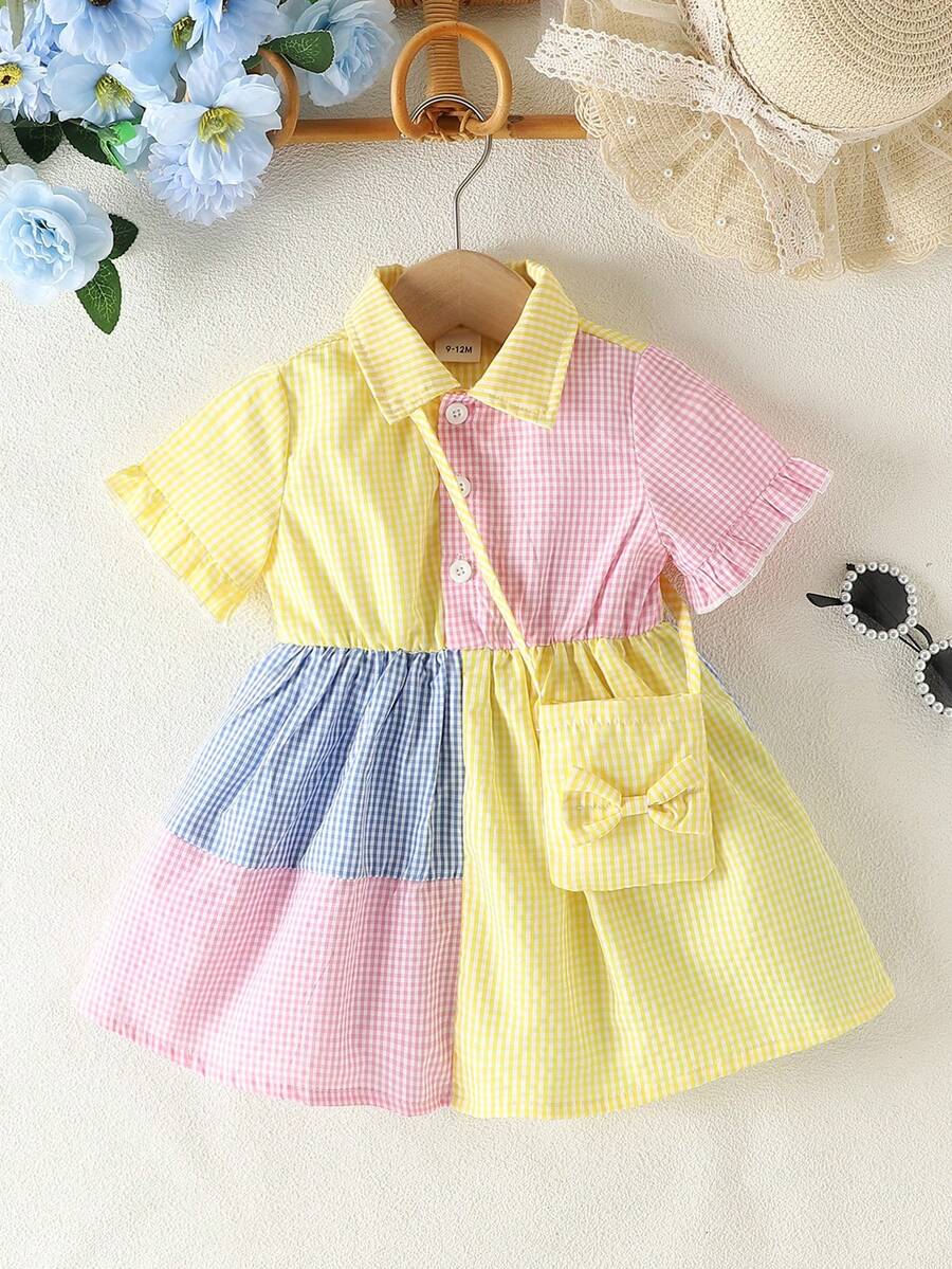 Vestido Para Bebé Niña De Cuadros Y Bloques De Color Con Botones Y Cuello Medio Abierto - Multicolor - Ver 1