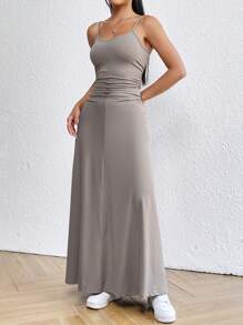 SHEIN EZwear Màu xám Dệt kim Eo Ruched Của phụ nữ Dây đeo Mì Ý  Đầm - Xám - Xem 4