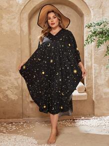 SHEIN Swim Curve Plus Size Women's Loose Fit Star & Moon Pattern Cover Up Summer - Multicolor - View 3