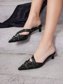 SheIn ICON Women's Stylish Black Pointed Toe Chunky Low Heel Shoes - Black - View 6