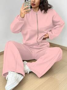 SHEIN Unity 女士單色長袖棒球夾克和長褲套裝 - 粉色 - 查看 4