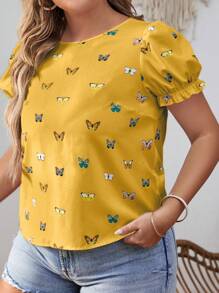 SHEIN VCAY Plus Size Women's Boho Butterfly Printed Puff Sleeve Blouse, For Summer - Yellow - View 4