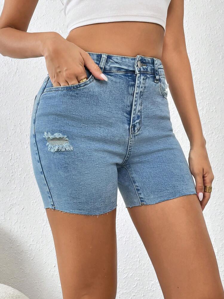 Shorts En Jean Déchiré Extensible Décontracté À Taille Haute Pour Femme En Bleu