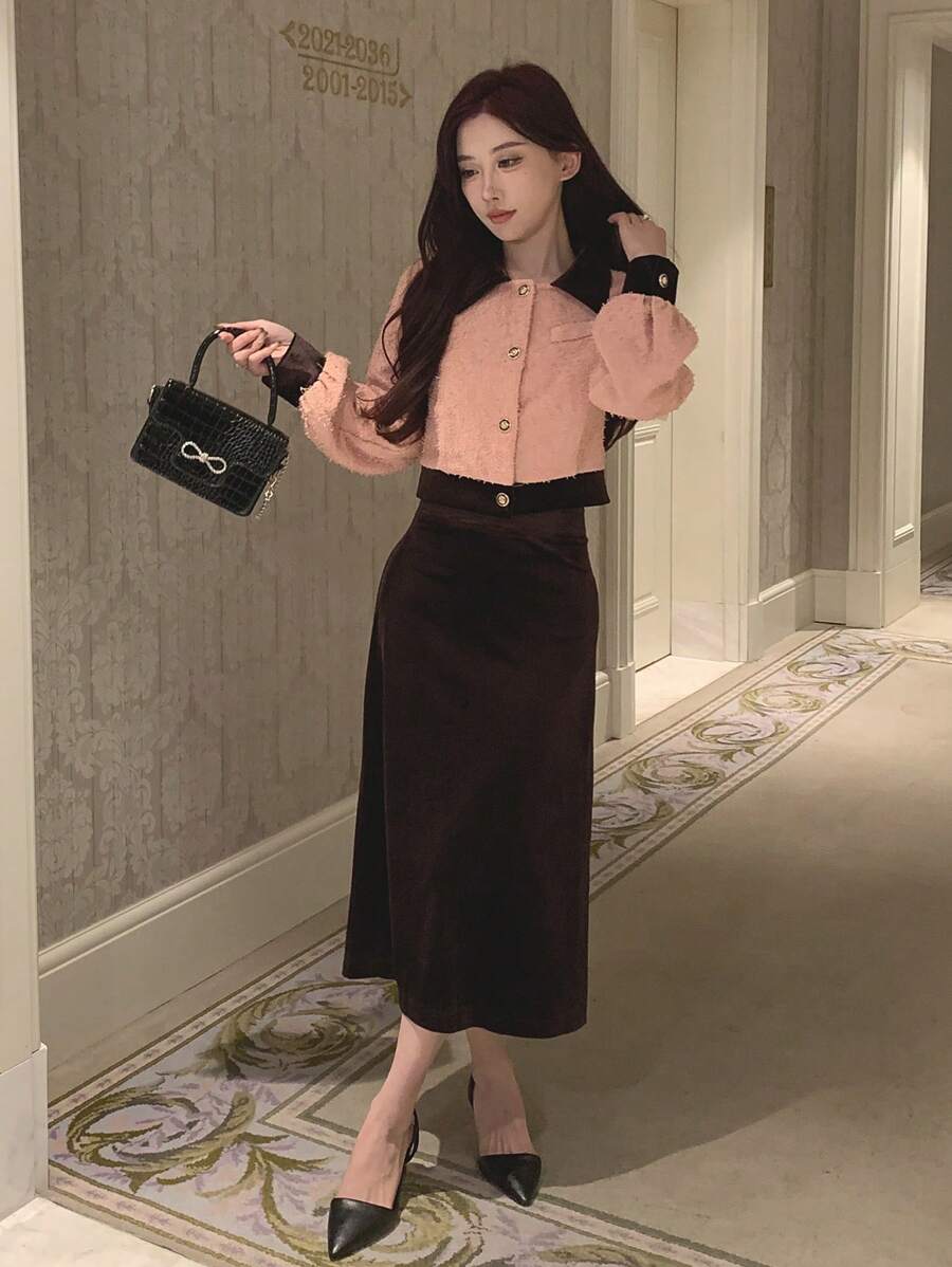 DAZY Women's Colorblock Jacket With Solid Color Knee Length Skirt Set, Women Two Pieces Sets,Fall Clothes - Pink - View 1