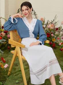 Mulvari Solid Color Lace Splicing Lantern Sleeve Shirt