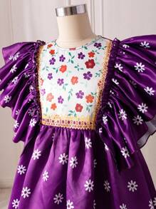 SHEIN Cô gái Tween Dệt In hoa Viền Ruffle Sự phối hợp Đầm giản dị - Màu tím - Xem 4