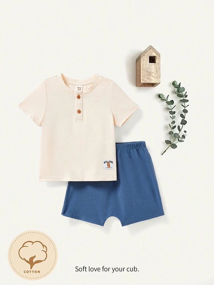 Baby Boy Round Neck Half Placket Sweatshirt And Solid Color Shorts Two-Piece Set