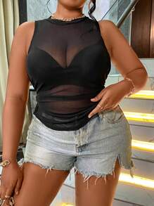 Maweii Plus Ruched Sheer Mesh Tank Top - Black - View 1