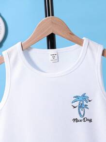 SHEIN Tween Boys' Palm Tree Print Tank Top And Shorts Set, School, Campus, College - Blue and White - View 8